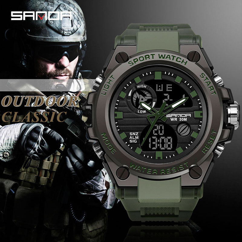 Sanda relógio de pulso exército militar masculino esporte estilo relógio de pulso duplo display à prova d' água horas